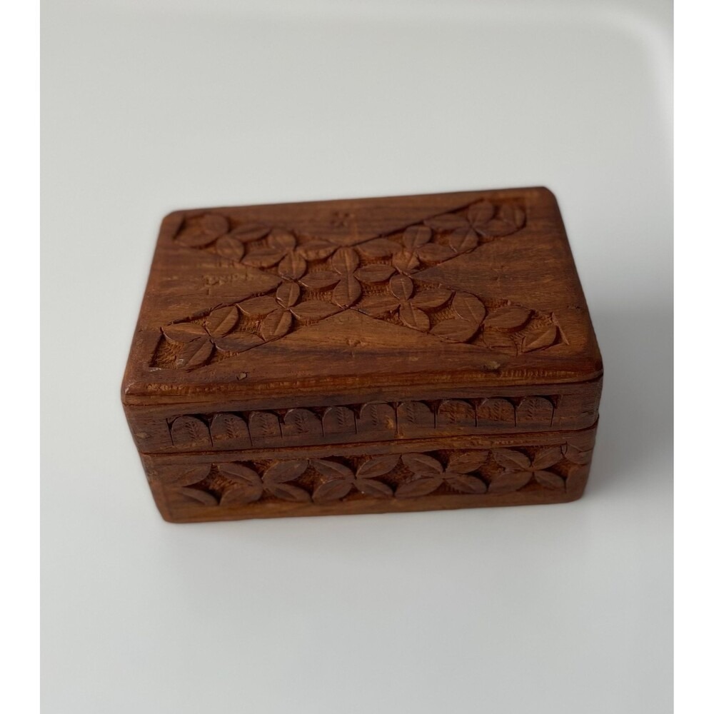 Unbranded Jewelry Box Unisex Small Brown Hand Carved Floral Wood India